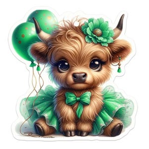 Pode incluir: Um autocolante com um bezerro de vaca Highland de desenho animado com olhos grandes, usando um tutu e um laço verdes. Tem uma flor verde no cabelo e segura dois balões verdes. O bezerro é castanho com chifres pretos.