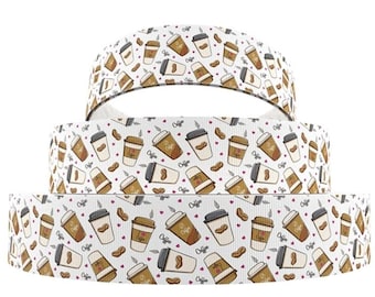 1&quot; (1 yard) Coffee Shop Espresso beans grosgrain ribbon crafting ribbon Hair Bow ribbongo cup