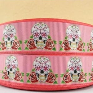Cinta de grosgrain con estampado de calavera de azúcar, huesos cruzados, rosa y rosa, de 1 pulgada (1 yarda), para manualidades, lazos para el cabello
