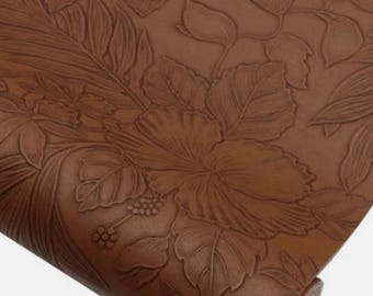 ロール状の茶色の花柄型押しフェイクレザー、ビーガン合成繊維、クラフト生地、12インチ×55インチ、フェルト裏地付き、簡単にカット可能、フルロール