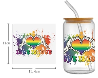 1 Piece Rainbow Pride love is love Cow Cup Wrap, Transfer Stickers for 16 ounce Glass Uv DTF glass wrap waterproof sticker