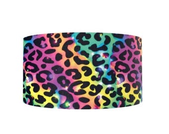 1.5" (1 yard) Leopard rainbow animal print rainbow neon pattern printed grosgrain ribbon crafting ribbon