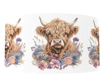 May include: A repeating pattern featuring watercolor illustrations of Highland cows surrounded by colorful flowers. The cows have shaggy brown fur and curved horns. The flowers include shades of blue, purple, pink, and yellow.