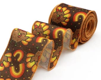 2.5" 63mm (5 yard roll) Thanksgiving Turkey Wired flax Burlap ribbon printed flax ribbon crafting ribbon wreath Bow