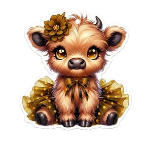 Pode incluir: Ilustração de desenho animado de um bezerro fofo com olhos grandes e expressivos. O bezerro é marrom com uma flor marrom escura e um laço dourado. Ele usa um tutu dourado com bolinhas marrons.