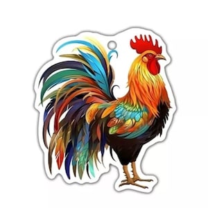 May include: A colorful rooster illustration with a red comb, yellow and orange feathers, and a vibrant tail featuring blue, green, and purple hues. The artwork is on a white background and has a hole at the top for hanging.