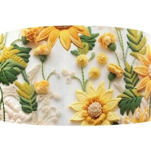 1,5 po. (1 yard) Tournesol, fleur de jardin, imprimé floral, ruban gros-grain, ruban artisanal abstrait géométrique brodé 3D