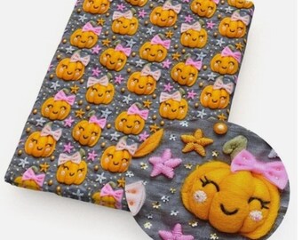 滑らかなフェイクレザーロール かわいいカボチャの不気味なハロウィン柄 ヴィーガン合成繊維 12インチ×55インチ フェルト裏地付き、カットしやすい、フルロール