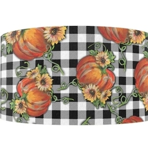 Fita de gorgorão estampada com estampa de abóbora búfalo xadrez de outono e flores de outono, 2" (1 jarda)