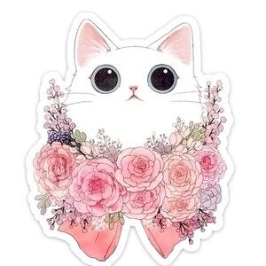 May include: An illustration of a white cat with large black eyes, adorned with a floral collar of pink roses and other flowers. The cat has pink ears and a pink bow.