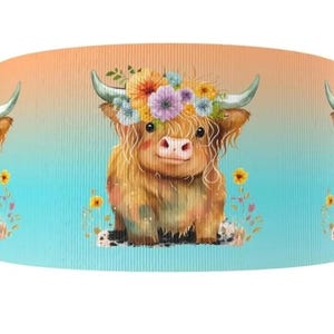 Cinta de grosgrain estampada con flores de vaca de las tierras altas, de 3" (1 yarda), para manualidades