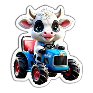 Pode incluir: Imagem de desenho animado de uma vaca sorrindo dirigindo um trator azul. A vaca é branca com manchas pretas, usando macacão azul e tem pequenos chifres. O trator tem rodas vermelhas e um assento vermelho. A palavra "CIAROLI" está impressa no trator.
