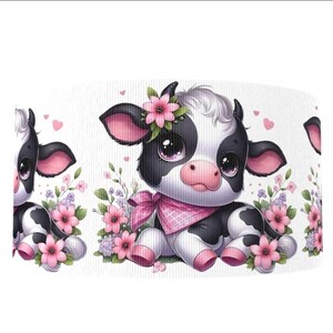 1,5" (1 jarda) Fita de gorgorão impressa Country Ranch com flor de vaca preta para artesanato, fita abstrata para primavera, verão, flor rosa