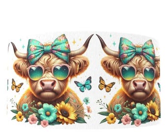 May include: A brown and white Highland cow with a turquoise bow, sunglasses, and a floral wreath around its neck. The background is white with scattered stars.