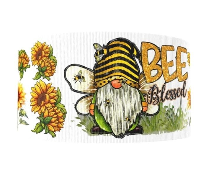 1" (1 yard) Bee Blessed Garden Gnome Honey Honeycomb hive grosgrain ribbon crafting ribbon sunflower