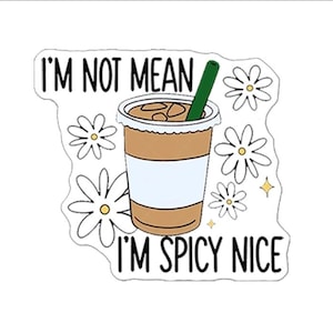 Puede incluir: Pegatina blanca con un vaso de café helado marrón y blanco con una pajita verde y el texto "I'm not mean I'm spicy nice" rodeado de margaritas blancas.