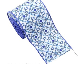 2.5" 63mm (5 yard roll) Vintage blue ceramic pattern Wired flax printed ribbon crafting ribbon wreath Bow