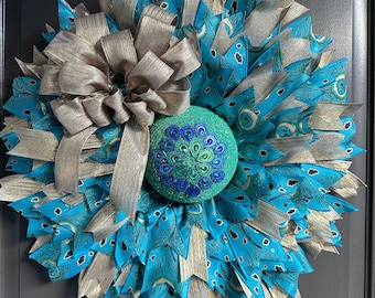 Ribbon Peacock Wreath: Rhinestone Centerpiece, Spring Summer Decor