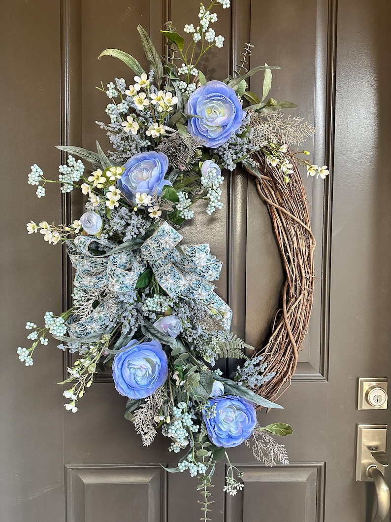 Blue Floral Grapevine Wreath: Summer to Fall Front Door Decor - Etsy