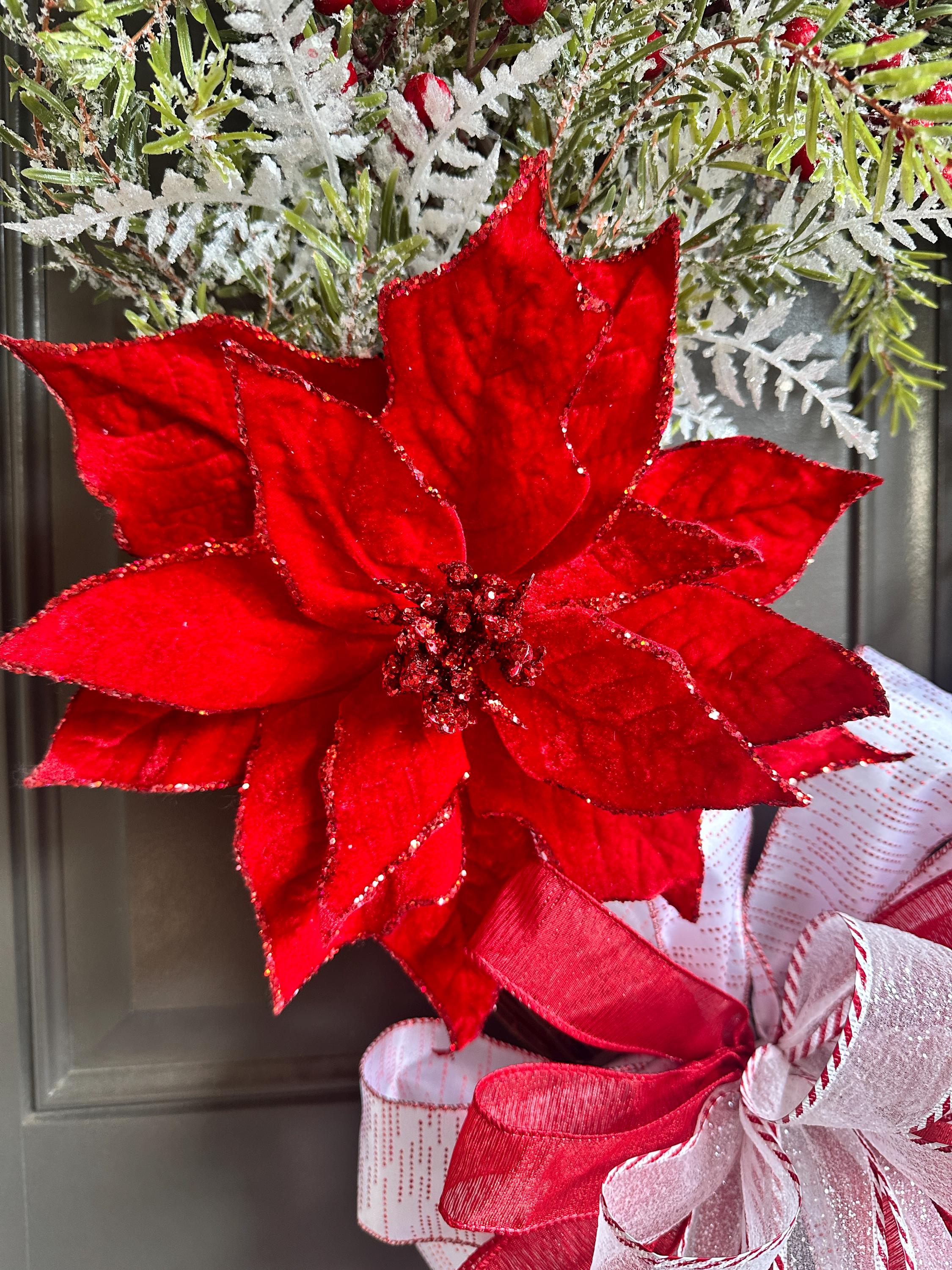 Christmas Poinsettia Grapevine Wreath: Red, White, and Snowy Greenery ...