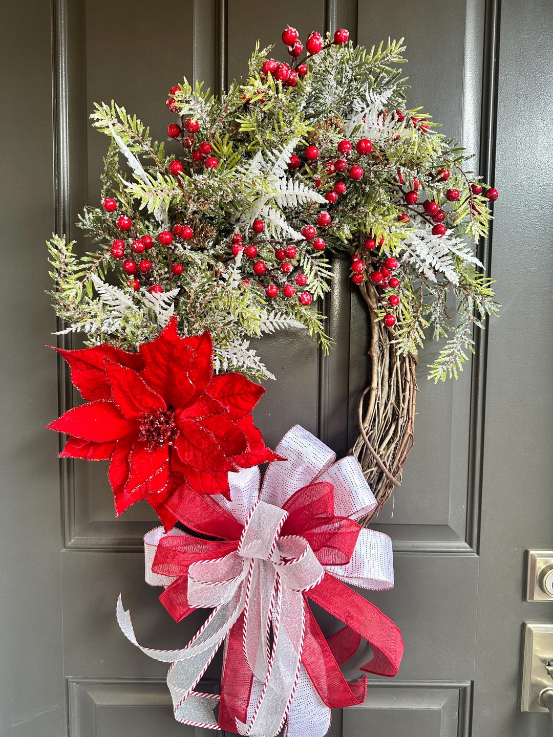 Christmas Poinsettia Grapevine Wreath: Red, White, and Snowy Greenery ...