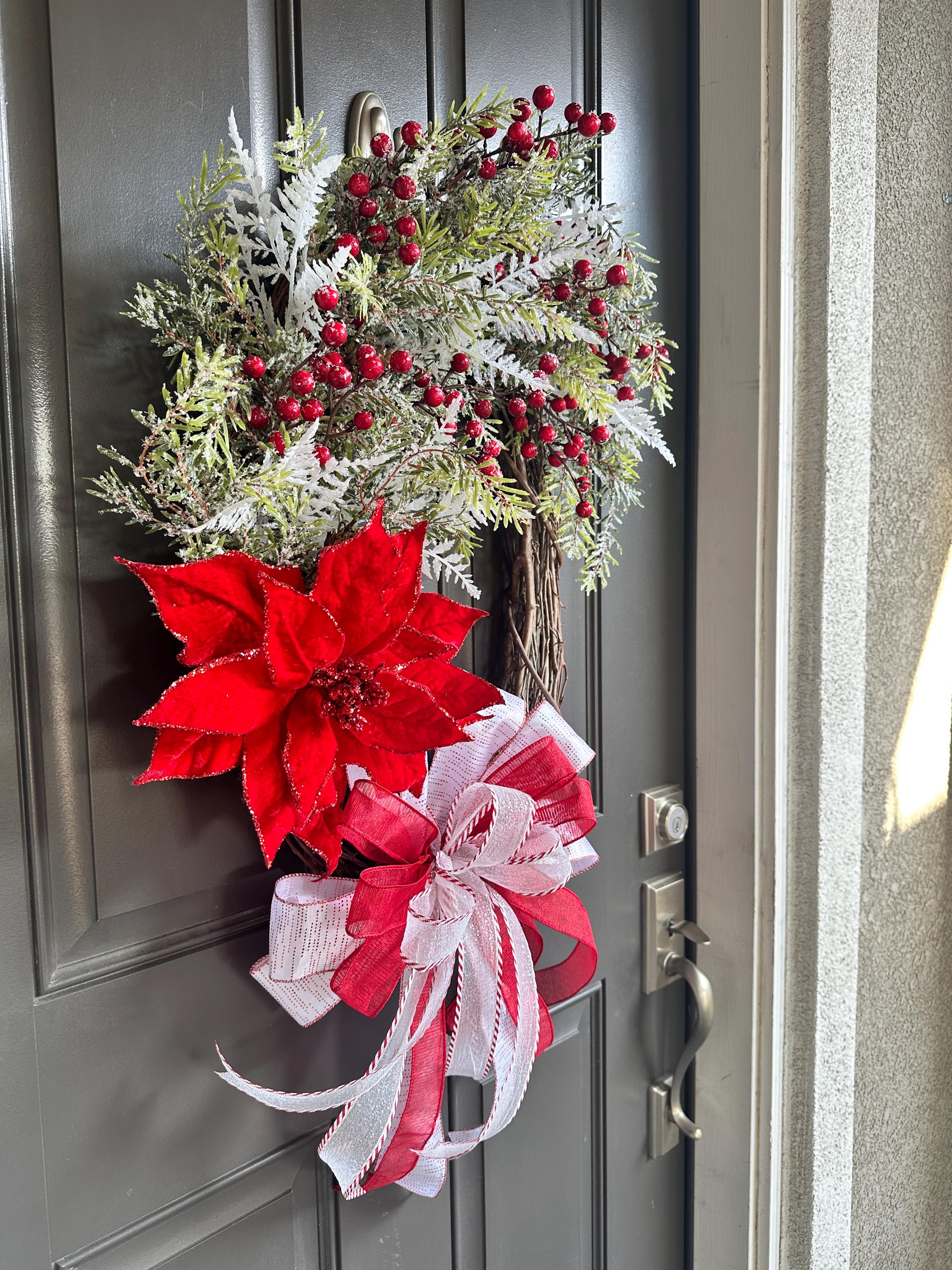 Christmas Poinsettia Grapevine Wreath: Red, White, and Snowy Greenery ...