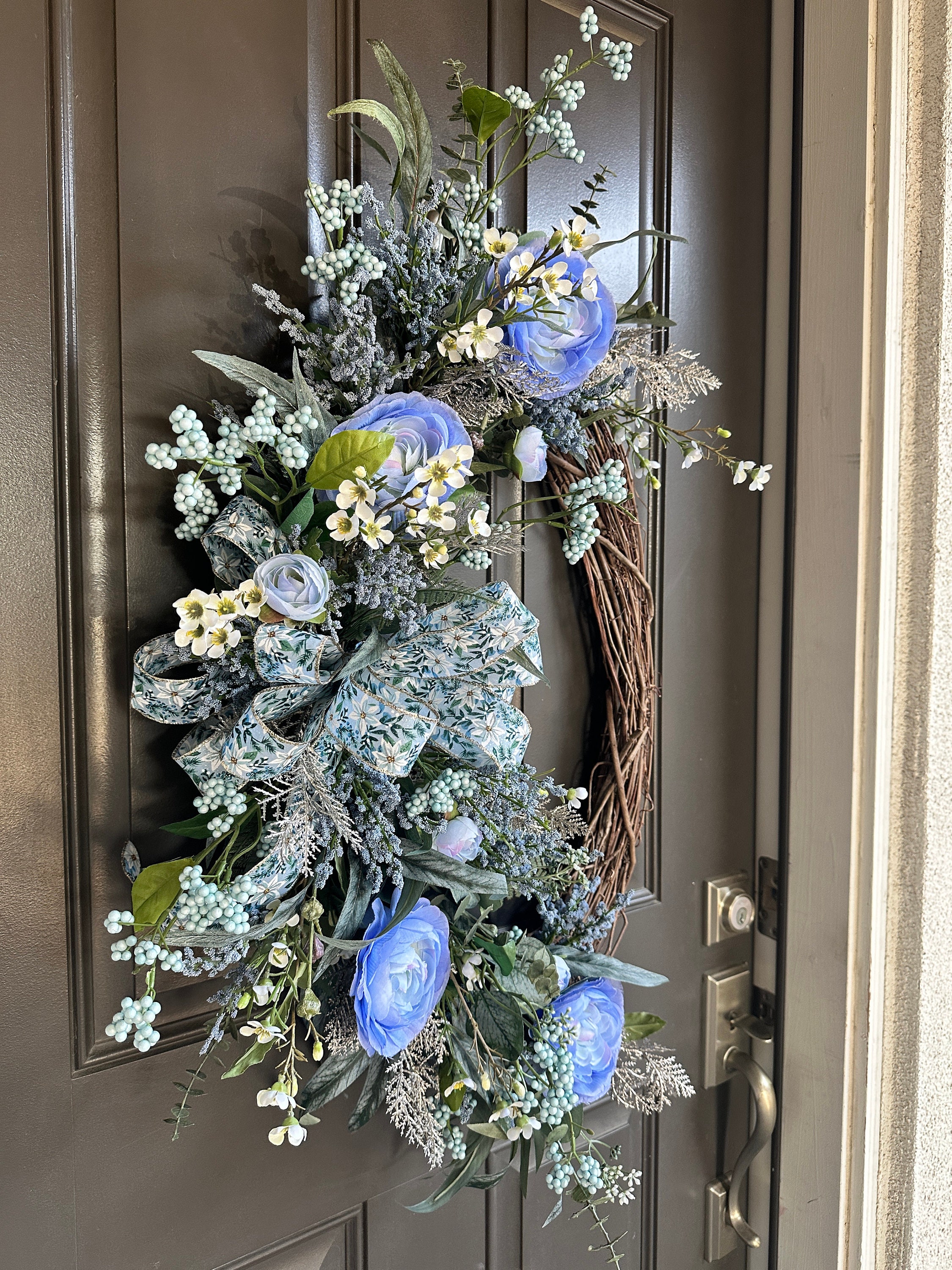 Blue Floral Grapevine Wreath: Summer to Fall Front Door Decor - Etsy