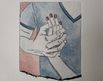 Tetrapak-Gravur, Originalillustration, Meine Hand auf deinem Herzen