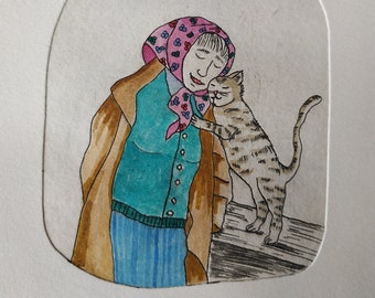 Original etching, illustration, The lady with the cat