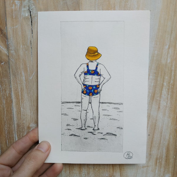 Gravure, illustration originale, Femme à la plage