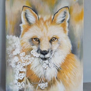 Fox, fox portrait, fox painting, oil fox on canvas, fox and flowers. "The essential is invisible to the eye."