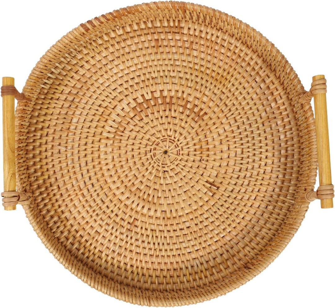 Handmade Round Rattan Coffee Table Tray With Handles woven Basket Food