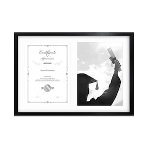 May include: A black rectangular double-window frame containing a Certificate of Appreciation on the left and a black and white photograph of a graduate holding a diploma on the right. The certificate features decorative borders and text.