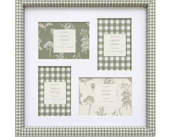 Sage Green Gingham Multi Photo Frame, 4 Photo Collage Picture Frame, 6x4 Photo Frame, Cottagecore Check Wall Frame With Glass