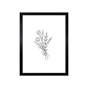 May include: A black framed print featuring a simple line drawing of a bouquet of flowers. The flowers are stylised and have a minimalist aesthetic.