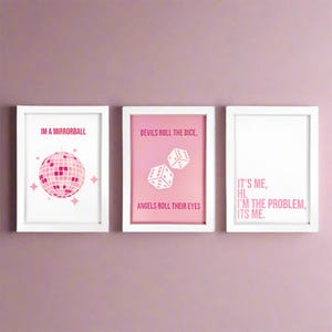 Set Of 3 Music Inspired Framed Prints - Taylor Bedroom Wall Art - Pink Art A4 Print - Mirrorball Print - Anti Hero Poster - Cruel Summer