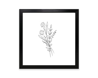 May include: A framed print with a minimalist botanical illustration. The artwork displays a delicate line drawing of a floral bouquet in black against a white background. The print is encased in a square black frame, creating a modern aesthetic.