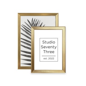 May include: Two gold picture frames, one with a black and white image of a palm leaf and the other with the text "Studio Seventy Three est. 2022".