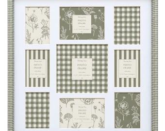 Sage Green Gingham 9 Photo Frame, Large Multi Picture Collage Frame, 6x4 7x5 10x8 Photo Display, Cottagecore Wall Decor