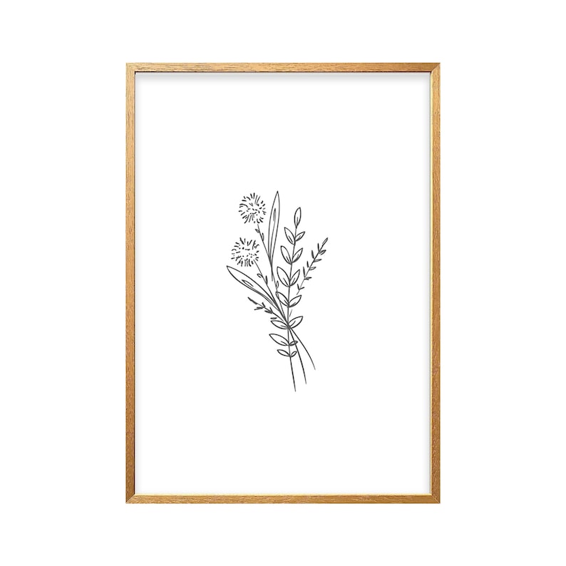 May include: A framed print with a simple line drawing of a bouquet of flowers in black and white. The frame is a light wood color.