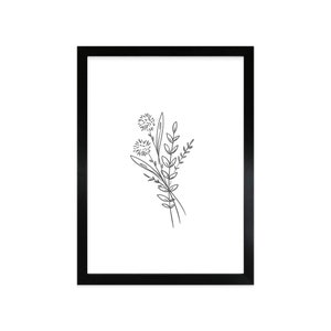 May include: A black framed print featuring a line drawing of a bouquet of flowers and leaves.