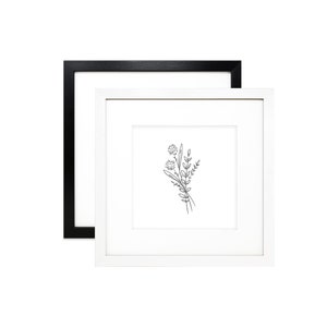 May include: A black and white line drawing of a bouquet of flowers in a white frame with a black outer frame.