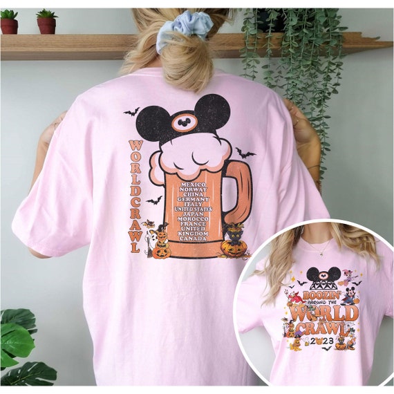 2-Sided Boozin' Around The World Crawl Halloween Shirt, Mickey &Amp; Friends Halloween Shirt, Epcot Drinking Around The World Halloween Tee