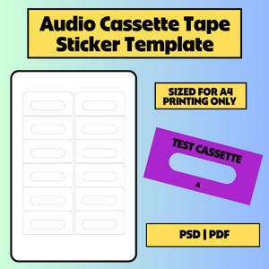 DIY デザインと印刷用のカセット テープ ステッカー テンプレート | 独自のミックス テープを作成する (A4 用紙)