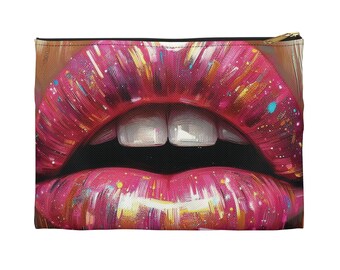 Pink Glossy Oil Painting Lips Accessories Pouch, Two Sizes, Perfect for Travel, Gifts for Girlfriend, Bridesmaids, Cosmetics Lip Gloss Bag