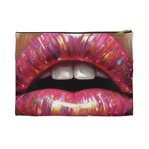 Pink Glossy Oil Painting Lips Accessories Pouch, Two Sizes, Perfect for Travel, Gifts for Girlfriend, Bridesmaids, Cosmetics Lip Gloss Bag