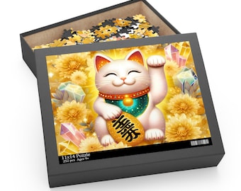 Gelbes Crysanthemum Maneki Neko (Glückskatze)-Puzzle (120, 252, 500 Teile), perfektes Geburtstagsgeschenk für Freunde und Familienspaß im Urlaub