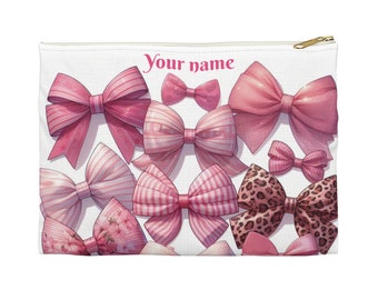 Personalize Name* Pink Bow Accessory Pouch, Coquette Style Bags, Perfect for Travel Storage, Make-Up, Cute Gift for Daughter, Wife, Kawaii