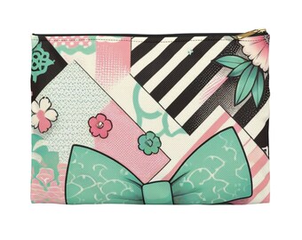 Japan Graphic Pink Green Accessory Pouch, Y2K Style Bag, Perfect for Travel, Make-Up Storage, Bow Stripe Flowers Pouch, Cute Gift Girlfriend