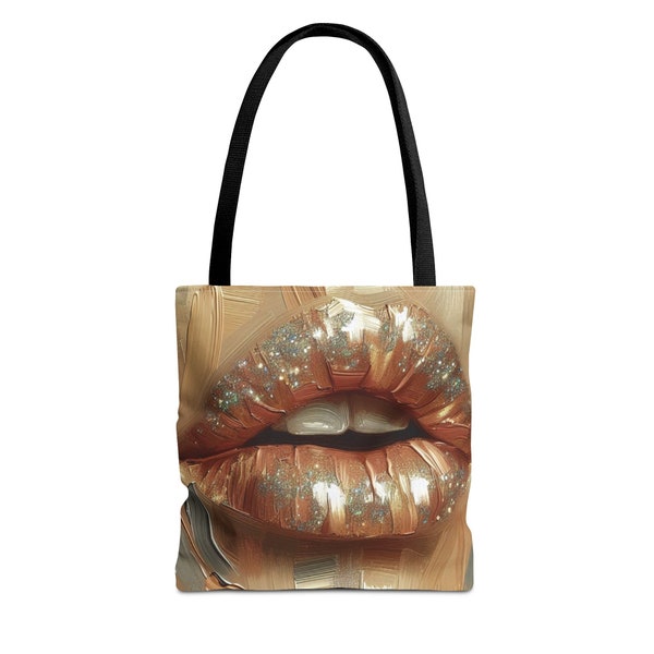 Beige Glitter Oil Paint Lips Tote Bag, Perfect for Shopping, Beach, Travel, Birthday Gifts, Street Style Tote, Gift Bag, Choice of Sizes